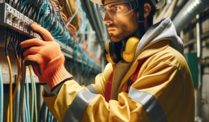 An-electrician-in-full-personal-protective-equipment-PPE-including-insulated-gloves-flame-resistant-clothing-safety-glasses-and-a-hard-hat