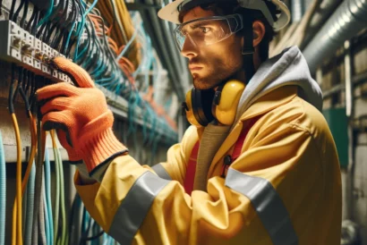 An-electrician-in-full-personal-protective-equipment-PPE-including-insulated-gloves-flame-resistant-clothing-safety-glasses-and-a-hard-hat